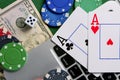 Online casino, poker. Background for business online games, poker, blackjack game. Online card games. Laptop, money and chips