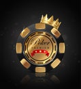 Online casino poker chip banner on black background with gold crown. 3d realisitc vector icon illustration.