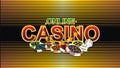 Online Casino poster. With the image of dice and chips on a striped background. Royalty Free Stock Photo