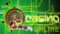 Online Casino poster. With the image of a roulette wheel, dice and chips on the background of a microcircuit. Royalty Free Stock Photo