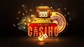 Online casino, poster with red retro signboard, gold casino slot machine, black playing cards, neon gold roulette, dice and chips Royalty Free Stock Photo