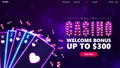 Online casino, purple banner design for website with offer, neon casino playing cards and poker chips on blurred background