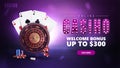 Online casino, purple banner with offer, button, symbol with lamp bulbs, Casino Roulette, poker chips and playing cards Royalty Free Stock Photo