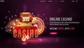 Online casino, purple banner for website with interface elements, gold casino slot machine, black playing cards. Royalty Free Stock Photo