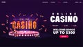 Online casino, purple invitation banner for website with button and Casino Wheel Fortune