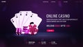 Online casino, purple invitation banner for website with welcome bonus, button, casino playing cards, dice and poker chips Royalty Free Stock Photo