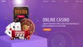 Online casino, purple web banner with square podium with smartphone, casino slot machine, roulette wheel.