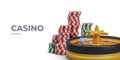 Online casino. Realistic roulette, stacks of poker chips, dice in flight