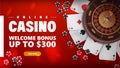 Online casino, red banner for website with button, welcome bonus, Casino roulette with poker chips and playing cards, top view