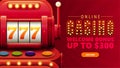 Online casino, red invitation banner for website with button and large volumetric slot machine with jackpot in cartoon style