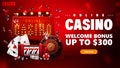 Online casino, red invitation banner for website with retro signboard, slot machine, Casino Roulette, poker chips and playing Royalty Free Stock Photo