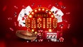 Online casino, red poster with retro signboard, slot machine, Casino Roulette, poker chips and playing cards Royalty Free Stock Photo