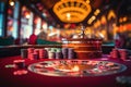 online casino with roulette and flying chips. Casino card games with casino chips in the background, on a dark background Royalty Free Stock Photo