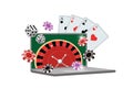 Online casino with roulette on laptop screen, dice, poker cards and chips. Vector gambling icon. Risky entertainment Royalty Free Stock Photo