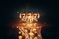 Online casino, smartphone with slot machine with jackpot and gold coins. Online Slots, Lucky Seven 777, Dark Gold Style. Luck Royalty Free Stock Photo