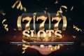 Online casino, smartphone with slot machine with jackpot and gold coins. Online Slots, Lucky Seven 777, Dark Gold Style. Luck Royalty Free Stock Photo