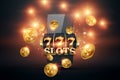 Online casino, smartphone with slot machine with jackpot and gold coins. Online Slots, Lucky Seven 777, Dark Gold Style. Luck Royalty Free Stock Photo