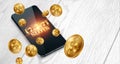 Online casino, smartphone with slot machine with jackpot and gold coins. Online Slots, Lucky Seven 777, Dark Gold Style. Luck