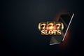 Online casino, smartphone with slot machine with jackpot and gold coins. Online Slots, Lucky Seven 777, Dark Gold Style. Luck