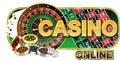 Online Casino Sticker. With the image of dice, roulette, cards and chips. There is an additional PNG format. Royalty Free Stock Photo