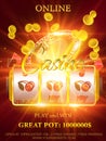 Online Casino vector EPS 10 game flyer, banner or poster with SLOT MACHINE, flying golden COINS, roulette on the luxury background Royalty Free Stock Photo