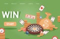 Online casino vector flat banner template. Golden coins, playing cards, slot machines, poker chips, roulette. Royalty Free Stock Photo