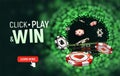 Online casino vector illustration. Black and red chips flying on blurred background. Click, play and win text