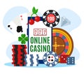 Online casino, vector illustration. Huge smartphone with luck game concept, internet gambling with slot, poker chips and Royalty Free Stock Photo