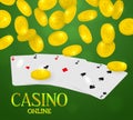 Online casino web banner. Four aces poker hand and falling coins rain on a green background. Royalty Free Stock Photo