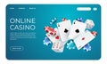 Online casino. Web landing page template for internet poker game. Vector illustration flying poker cards, chips game Royalty Free Stock Photo