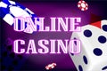 Online casino. Website banner with playing cards, dice and chips on purple background. The concept of gambling, online Royalty Free Stock Photo