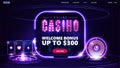 Online casino, welcome bonus, banner for website with button, digital neon casino slot machine, roulette wheel, playing cards