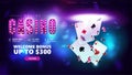 Online casino, welcome bonus, banner for website with button playing cards with poker chips flying out of the portal Royalty Free Stock Photo