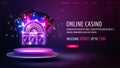 Online casino, welcome bonus, banner for website with button, purple neon casino roulette, neon slot machine, neon playing cards Royalty Free Stock Photo