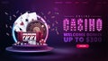 Online casino, welcome bonus, banner for website with button, slot machine, Casino Roulette, poker chips, playing cards on podium Royalty Free Stock Photo