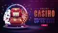 Online casino, welcome bonus, banner for website with button, slot machine, Casino Wheel Fortune, poker chips and playing cards.