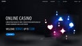 Online casino, welcome bonus, black banner with offer and black neon playing cards on dark background with fog Royalty Free Stock Photo