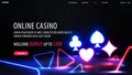 Online casino, welcome bonus, black banner with offer and neon 3D colored symbols deck of cards on black background Royalty Free Stock Photo