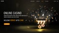 Online casino, welcome bonus, black banner with offer, neon slot machine, black playing cards, dice and poker chips. Royalty Free Stock Photo