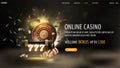 Online casino, welcome bonus, black banner with offer, neon slot machine, black playing cards, Roulette, dice and poker chips. Royalty Free Stock Photo