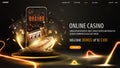 Online casino, welcome bonus, black banner with offer, podium with smartphone, casino slot machine, Casino Roulette, cards.