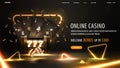 Online casino, welcome bonus, black banner with offer, slot machine, chips, playing cards and gold neon triangles around Royalty Free Stock Photo