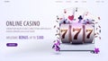 Online casino, white web banner with laptop, slot machine, playing cards and poker chips on white background Royalty Free Stock Photo