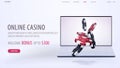 Online casino, white web banner with offer, laptop and red and black realistic gambling stack of dropping casino chips. Royalty Free Stock Photo