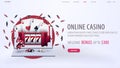 Online casino, white web banner with offer, laptop, slot machine, playing cards, dice and poker chips on background with red Royalty Free Stock Photo