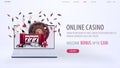 Online casino, white web banner with offer, laptop, slot machine, playing cards, roulette, dice and poker chips on white Royalty Free Stock Photo