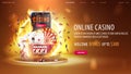 Online casino, yellow banner with smartphone, casino slot machine, Casino Roulette, playing cards, poker chips on gold podium. Royalty Free Stock Photo