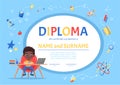 Online certificate children diploma for kindergarten or Elementary Preschool with a cute black boy