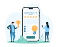 Online certificate of quality in mobile app of phone, tiny people approve product