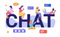 Online chat concept vector illustration, cartoon flat tiny young woman characters chatting, reading, writing messages at